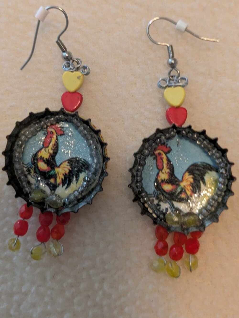Bottle-Cap BOHO Upcycled Earrings - Rooster Theme